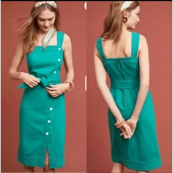 Anthropologie Maeve Elizabeth Green Side Button Denim Green Dress‎ Size 4 Used - Picture 1 of 16